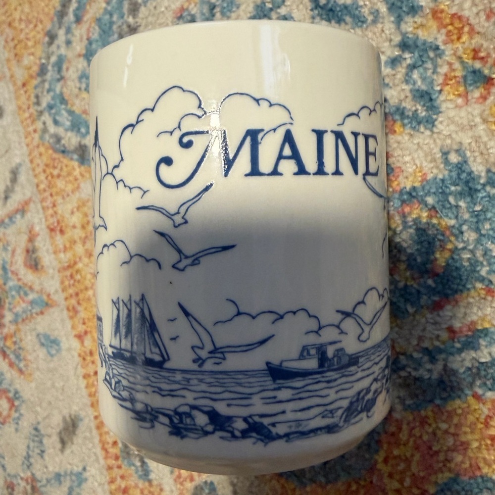 Vintage Maine Two Lights blue and white ceramic mug